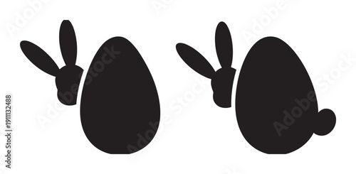 Two black silhouettes of Easter bunnies hiding behind large eggs, a minimalist graphic icon set for seasonal holiday celebrations and festive design