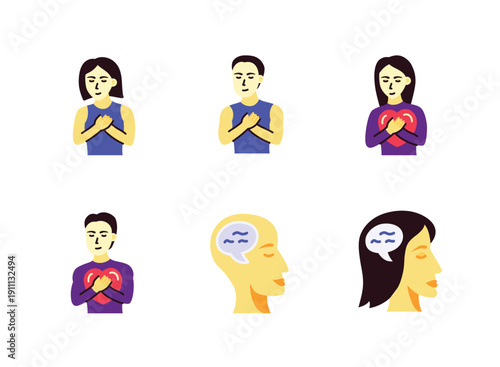 Clean and soft-style illustrations showing gratitude, self-affirmation, mindful thinking, and emotional balance.