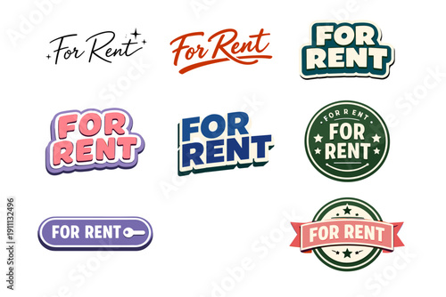 Various 'for rent' sign designs and styles in multiple colors