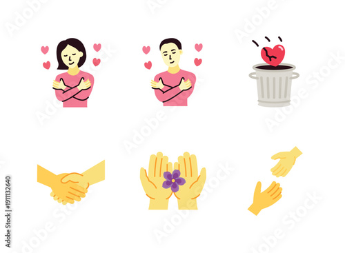 Clean and minimal illustrations representing self-acceptance, releasing stress, empathy, supportive gestures, and compassion.