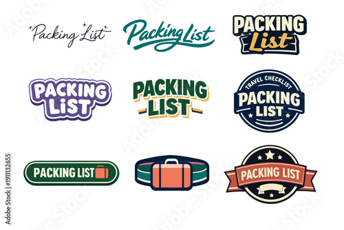 Diverse packing list designs with travel themes and creative fonts