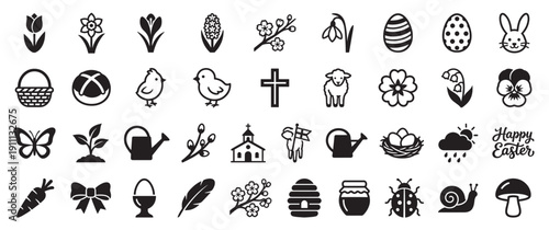 Large collection of black Easter icons featuring a bunny, painted eggs, a chick, a cross, spring flowers, a basket, and other traditional holiday symbols in a simple glyph style