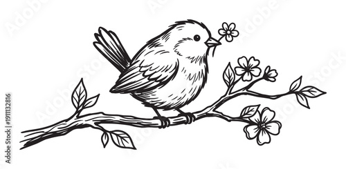 Hand-drawn black and white bird illustration shows a cute animal sitting on a flowering branch and holding a small blossom in its beak in a simple, whimsical sketch style
