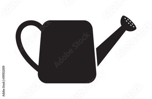 Black watering can silhouette icon with a simple, clean design for gardening and horticulture concepts, featuring a classic shape with a handle, spout, and sprinkler rose