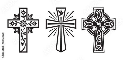 Three ornate black Christian cross icons with different decorative designs, including a floral vine, a Celtic knot, and a dove with light rays in a simple graphic illustration set