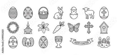 Set of black and white Easter line icons featuring a bunny, chick, lamb, decorated eggs, church, cross, and flowers for spring holiday celebration design