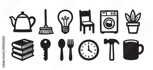 Collection of black and white household item icons including a teapot, lightbulb, chair, clock, and hammer in a simple, bold, hand-drawn illustrative style