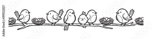 Group of cute cartoon birds perched on a long tree branch with nests and eggs in a charming hand-drawn black and white line art style illustration for spring or family concepts