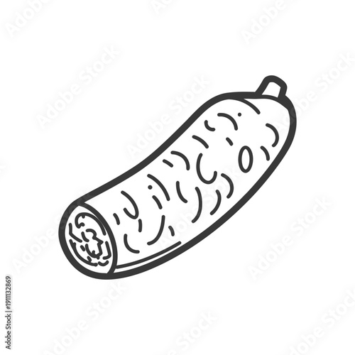 An outlined drawing depicts a cured sausage on white background