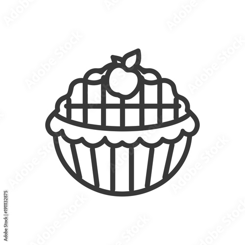 A stylized illustration depicts a pie topped with a small apple