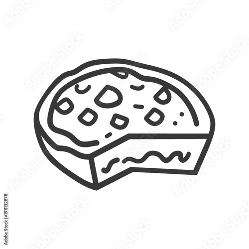A detailed line art image depicting a pizza pie with a bite