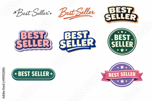 Collection of best seller badges in various colors and designs