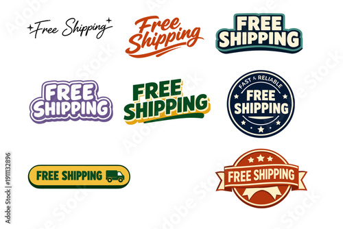 Diverse free shipping logo designs in various styles and colors