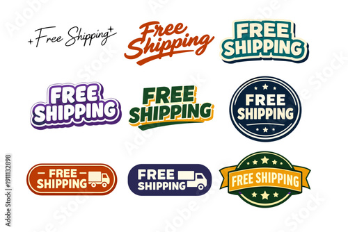 Colorful free shipping labels in various styles and designs