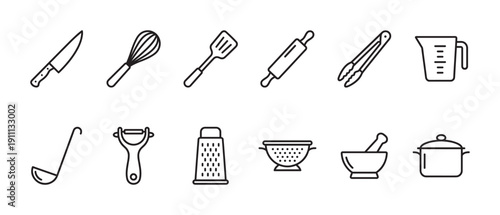 Set of black line kitchen utensil icons including a knife, whisk, spatula, rolling pin, tongs, and grater for cooking and food preparation concepts in a minimalist vector style