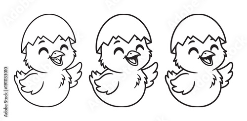 Three cute newly hatched baby chicks with eggshells on their heads are smiling happily in a charming black and white line art illustration perfect for a coloring book