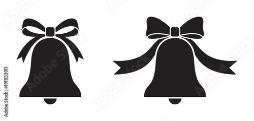 Two black Christmas bell silhouettes with bows are presented in a simple, graphic style for holiday decoration and festive design elements, representing celebration and joy