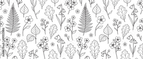 Hand-drawn black and white seamless pattern of various forest plants and wildflowers including fern, oak, and birch leaves in a simple doodle line art style for textile or wallpaper design