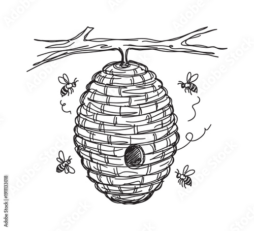 Hand-drawn beehive sketch hanging from a tree branch with several bees flying around the nest, depicted in a simple black and white line art doodle illustration style