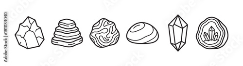 Set of hand-drawn stones and crystals icons in a minimalist black and white line art style, featuring a geode, cairn, quartz, and various polished pebbles for spiritual concepts