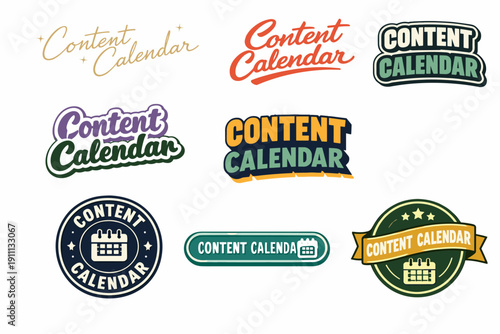 Colorful content calendar logos with various typography and design styles