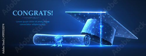 Digital graduation success. Glowing diploma and cap, academic achievement concept, AI education technology, modern learning innovation, smart career milestone, celebration background