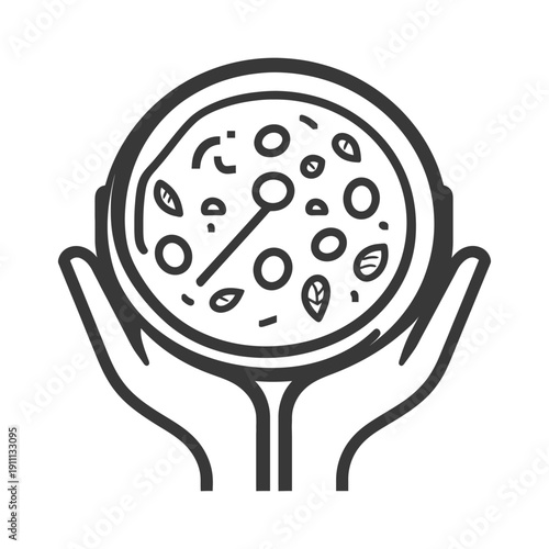 A black and white illustration of a pizza held in hands