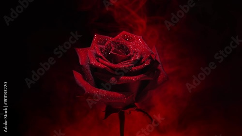 Scarlet rose emerging through fiery colored haze, droplets shimmering in soft light. The scene evokes passion, desire, intensity and intimate emotion wrapped in warmth and mystery.