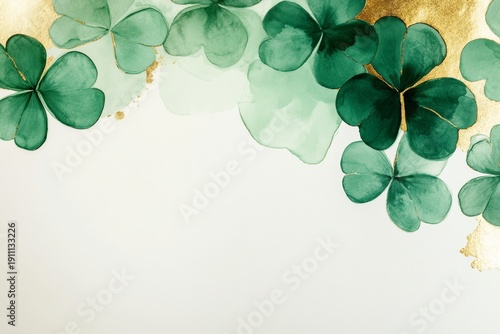 Elegant green watercolor shamrocks with gold accents on white background