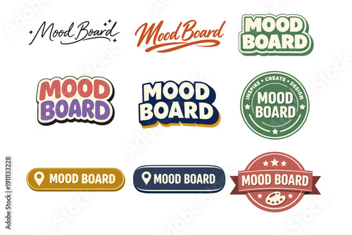 Diverse mood board design logos in various styles and colors