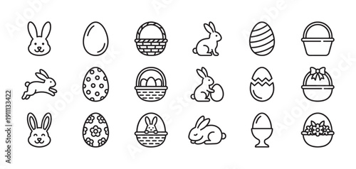 Set of black line art Easter icons featuring cute bunnies, decorated eggs, and festive baskets in a simple, clean, and minimalist style for holiday designs