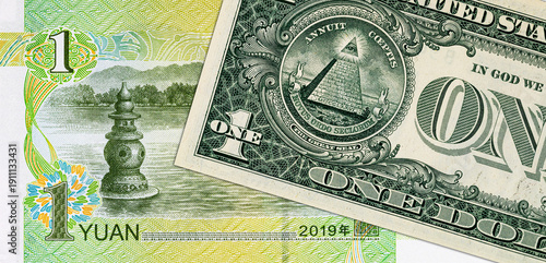 1 United States dollar and 1 Chinese yuan. USA vs China.