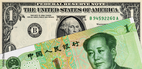 1 United States dollar and 1 Chinese yuan. USA vs China.