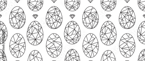 Geometric Easter eggs and diamonds form a repeating black and white line art pattern, featuring a contemporary low-poly and crystal-like design for a stylish holiday theme