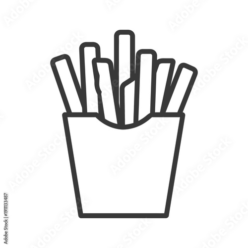 A black and white illustration of french fries in a carton