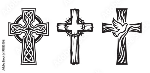 Three black Christian cross vector illustrations featuring a Celtic knotwork design, a wooden crucifix with a crown of thorns, and a cross with a dove representing the Holy Spirit