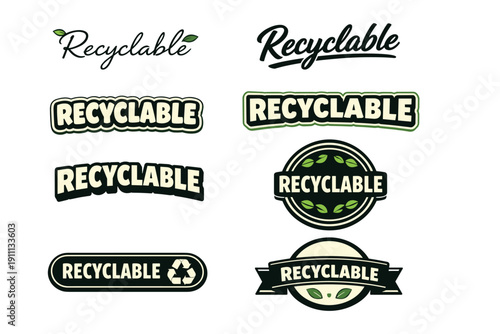 Collection of recyclable labels with green and white eco-friendly designs