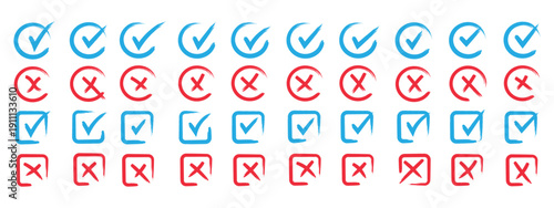 Check mark icons set. Green brush stroke check mark, tick symbols, checklist signs. Grunge brush stroke signs. Grunge checkmark design. Dirty grunge stroke checkmark sign vector illustration Handdrawn