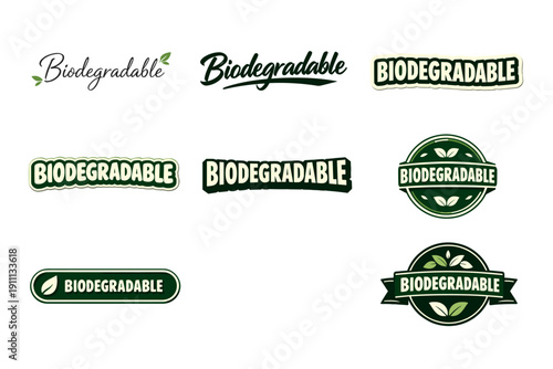 Biodegradable logo designs: green eco-friendly emblems and labels variety