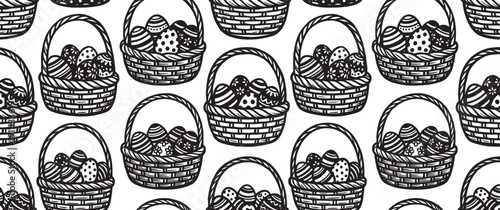 Hand-drawn seamless pattern of wicker Easter baskets filled with beautifully decorated eggs in a simple black and white line art illustration for festive spring holidays