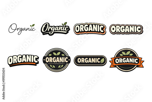 Collection of organic labels with leaf designs in various styles and colors