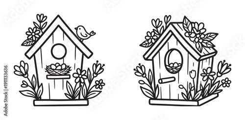 Two hand-drawn birdhouse illustrations with flowers, nests with eggs, and a small bird, presented in a charming black and white line art style for coloring or spring decor