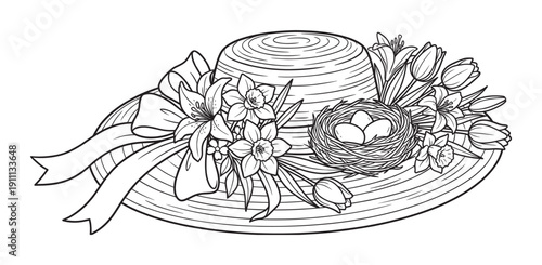 Elegant Easter bonnet with spring flowers, a bird's nest with eggs, and a large ribbon, depicted in a detailed black and white line art style for coloring