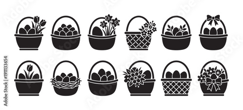 Set of twelve black Easter basket icons featuring various designs with eggs, spring flowers, bows, and nests, presented as a collection of simple, flat graphic silhouettes