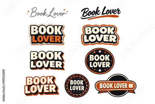 Variety of book lover logos with diverse typography and colorful designs