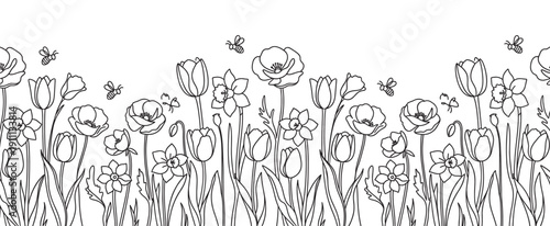 Black and white line art illustration of a spring flower border with blooming tulips, poppies, daffodils, and cute flying bees in a simple, elegant hand-drawn doodle style
