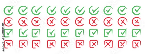 Check tick mark icon set. Cross box x check mark checkbox list vector draw hand drawn sketch doodle brush marker checklist symbol wrong right circle. hand drawn, grunge X sign. hand drawn tick