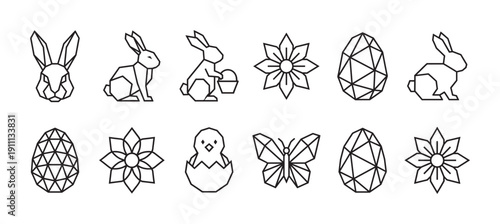 Geometric Easter icon set with polygonal bunnies, decorated eggs, a hatching chick, butterfly, and flowers, all rendered in a clean, modern black outline illustration style