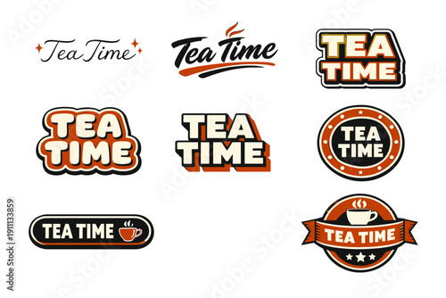 Variety of "tea time" logos in different styles and designs
