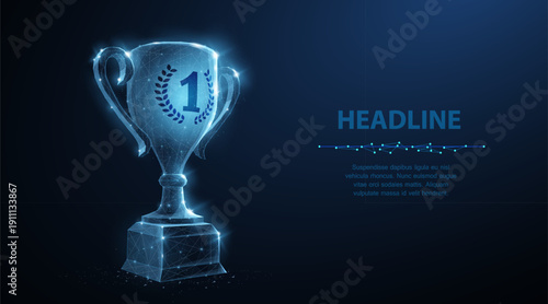 Digital achievement award. Glowing trophy cup, business success concept, AI performance ranking, innovation in leadership, modern competition prize, smart technology recognition